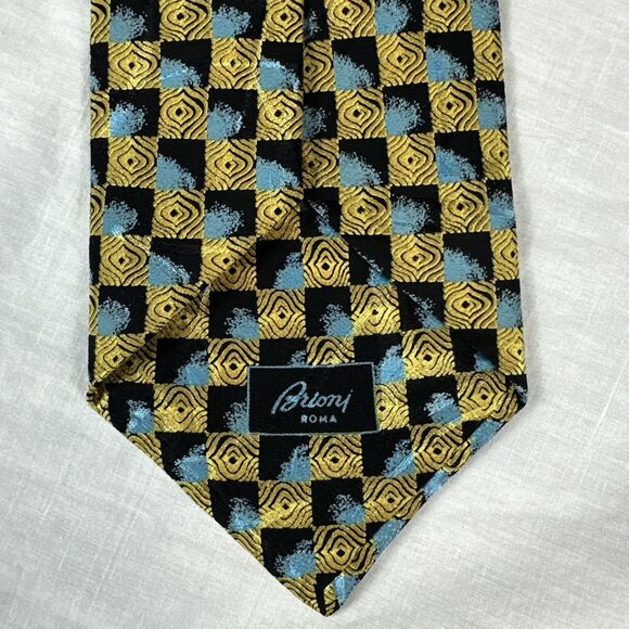 BRIONI Extra Long Suit Tie Silk Blue Black Gold Based Woven Handmade In Italy - Picture 3 of 16